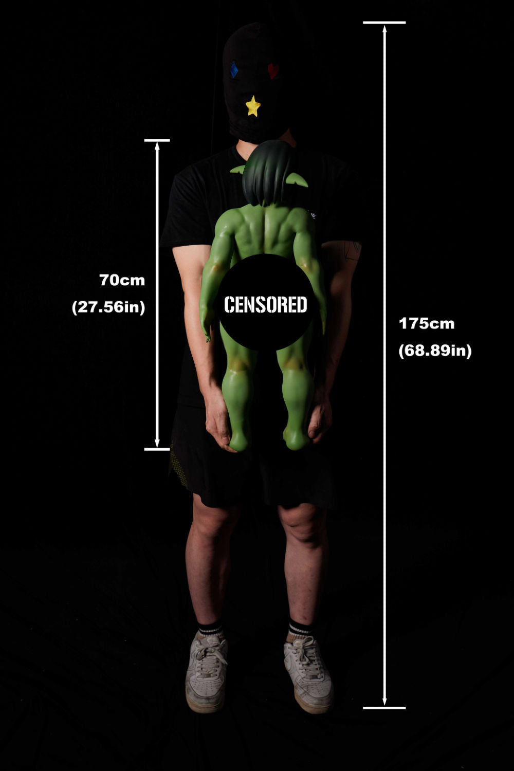 Full body measurement chart of green fantasy doll, back view