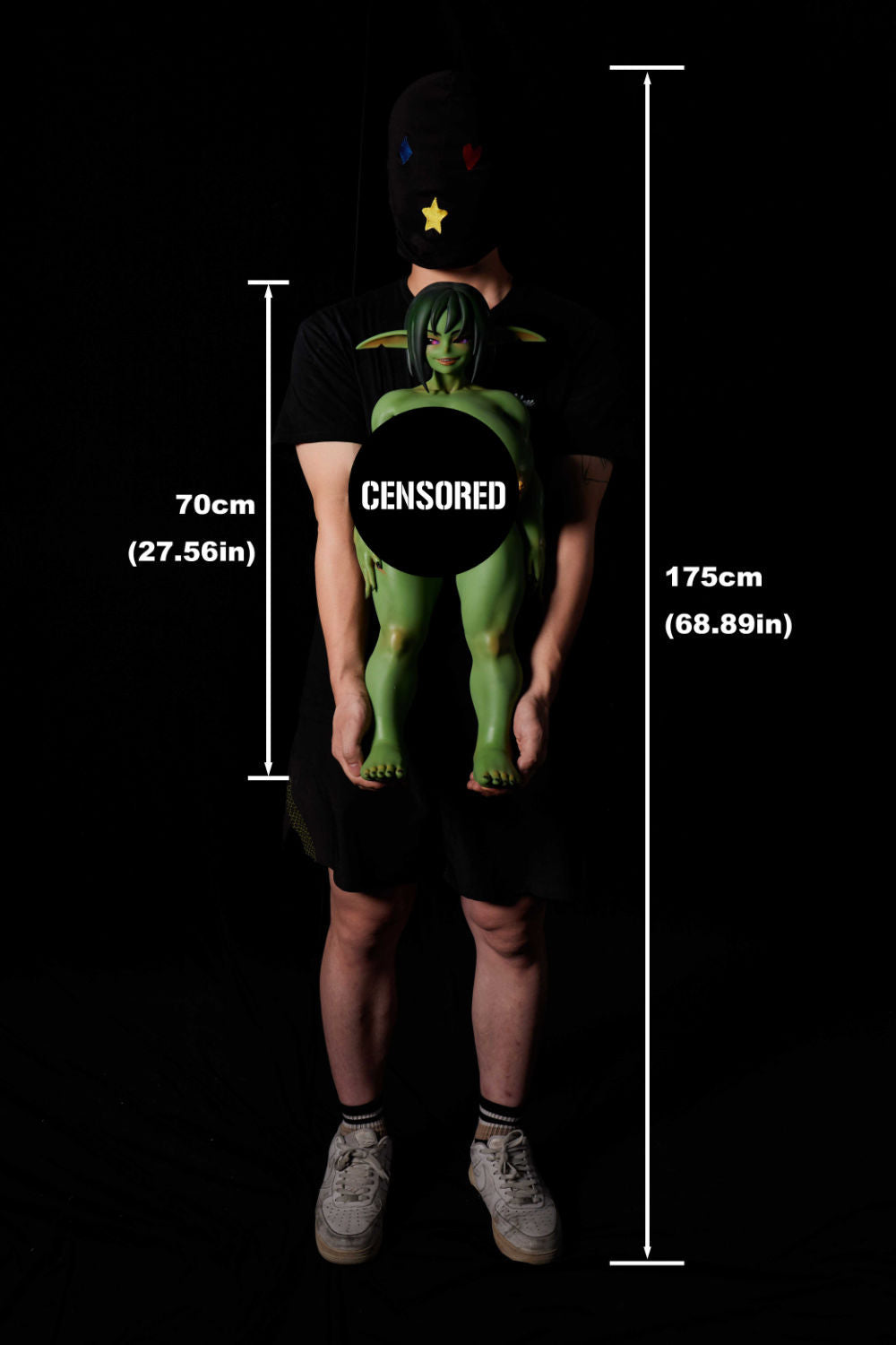 Full body measurement chart of green fantasy doll, front view