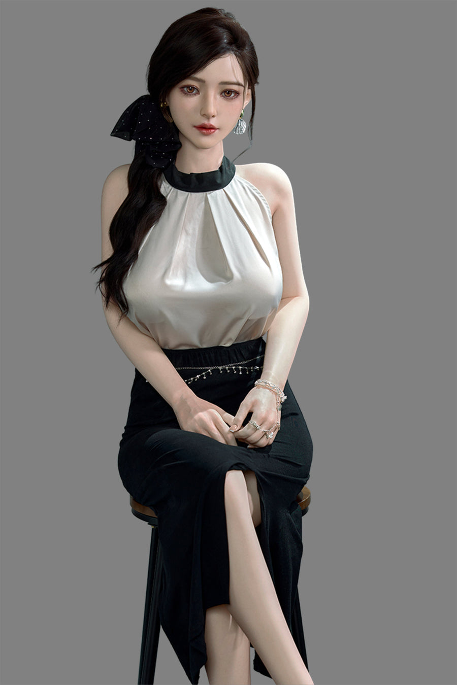 Starpery 171cm D - Asuka Eva – Seated pose, cream halter top with black skirt, dark hair in half-up style, plain grey backdrop.