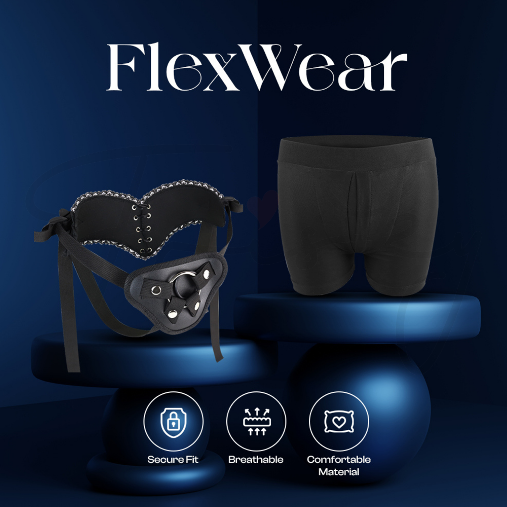 FlexWear harness and shorts set displayed together highlighting design and functionality