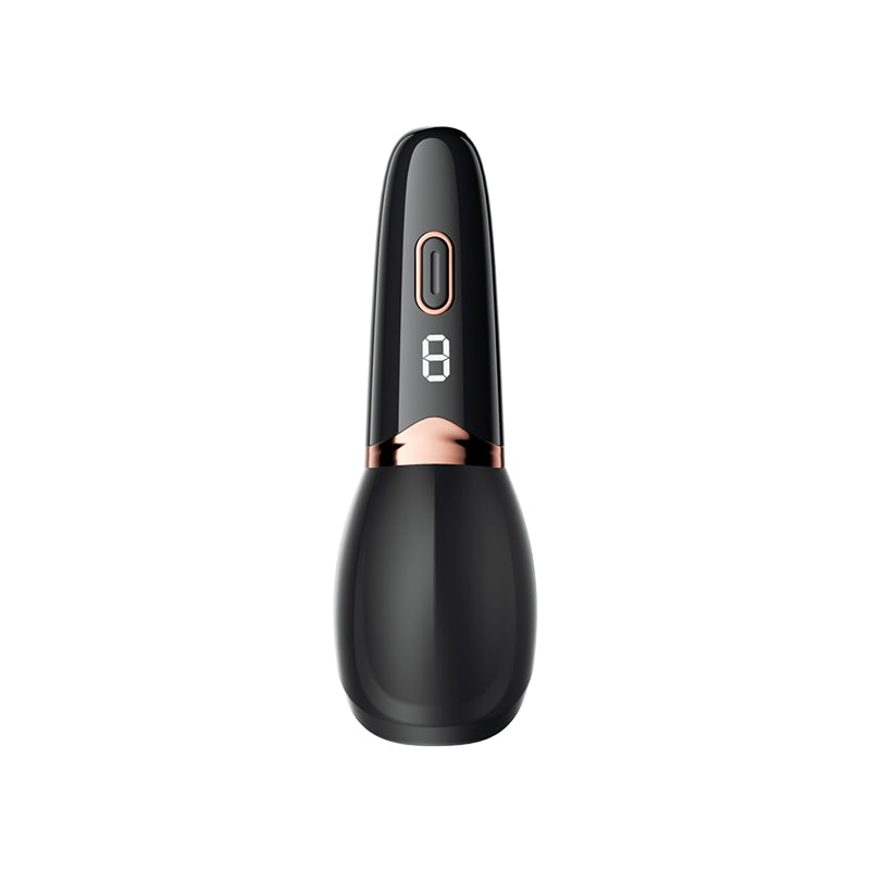 Black and rose-gold tongue-shaped stroker with digital display and control button.