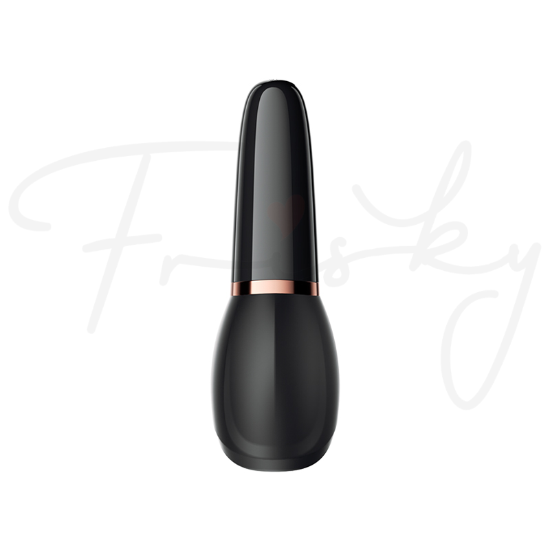 Black and rose-gold tongue-shaped stroker shown from the side on a white background.