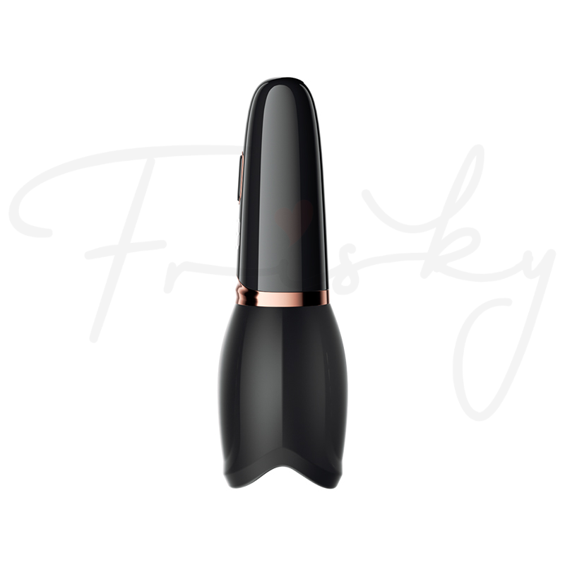 Black and rose-gold tongue-shaped stroker shown at a slight angle on a white background.