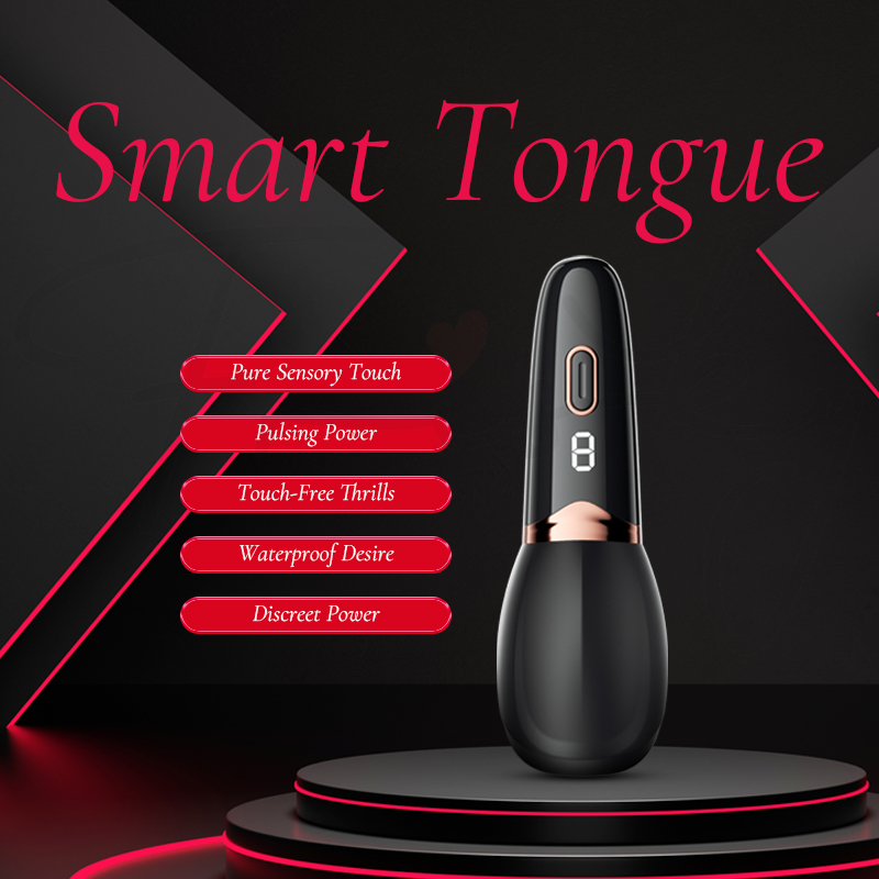 Stroker displayed on a pedestal beside a feature list on a dark red backdrop