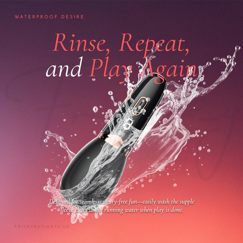 Stroker shown with a water splash, highlighting waterproof design.