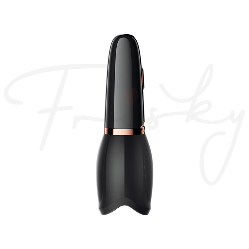 Black and rose-gold tongue-shaped stroker on a plain white background.