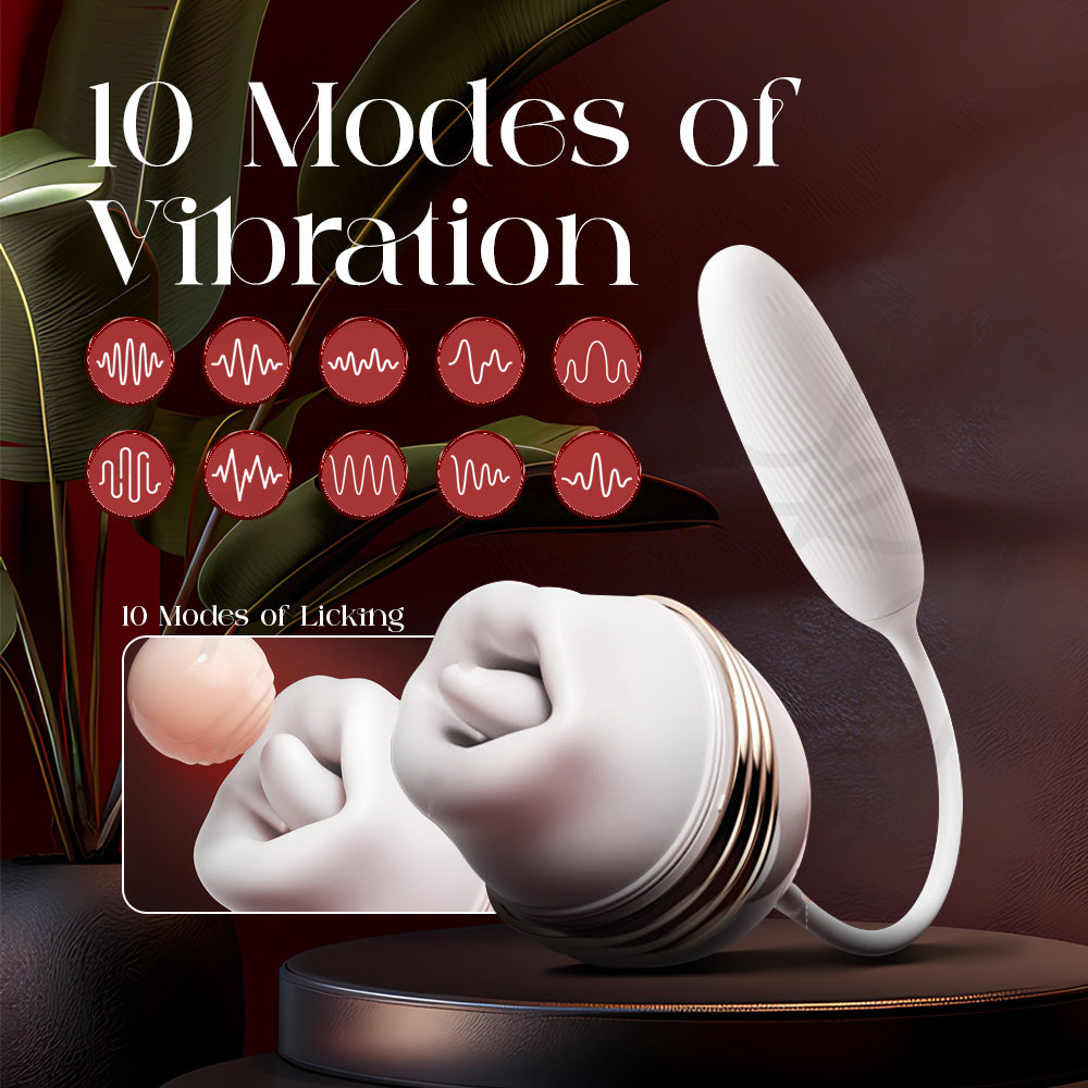 YuKiss vibrator highlighting 10 vibration and licking stimulation modes with elegant presentation