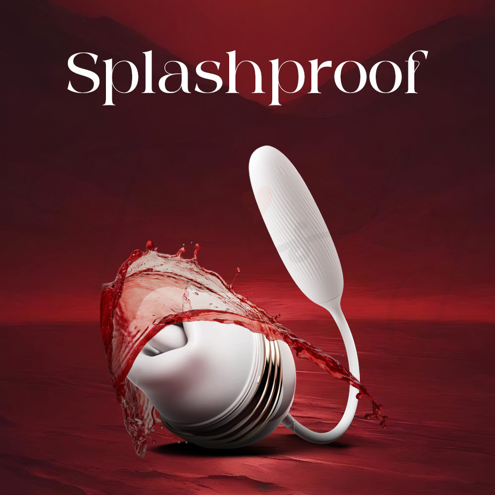 Splashproof detachable vibrator showcased against dramatic red water-inspired background