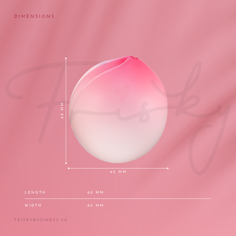 Peach-shaped stimulator shown against a pink background with size markings