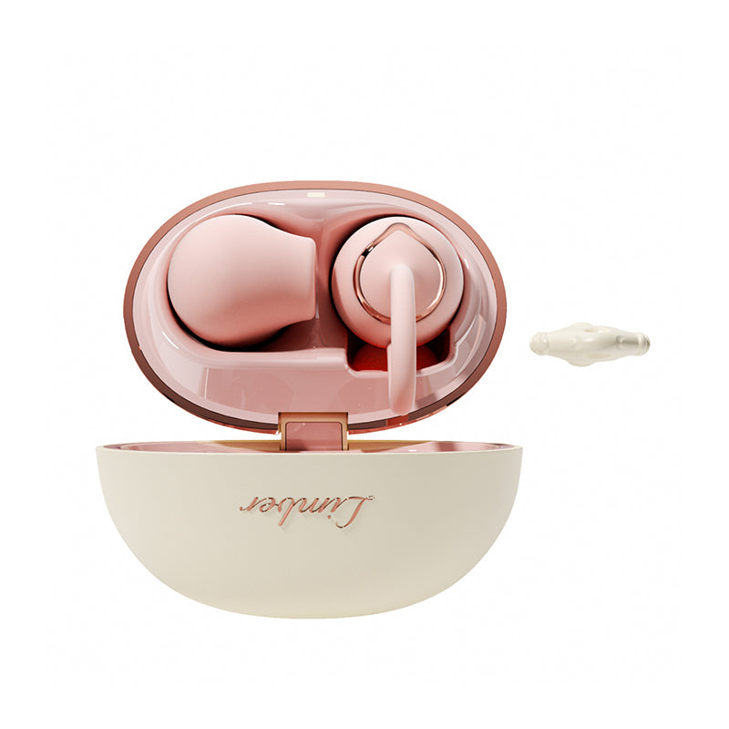 Lumbrer rose-gold dual massager and case open, showing two nestled bloom-shaped heads and cable