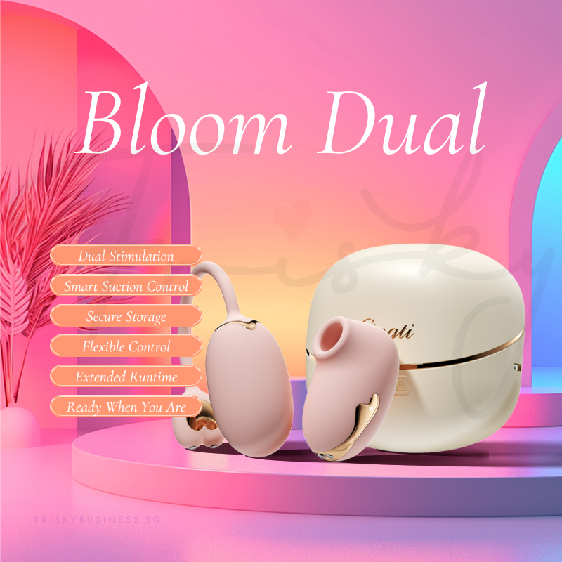 Bloom Dual massager and case against a pink and purple sunset gradient backdrop