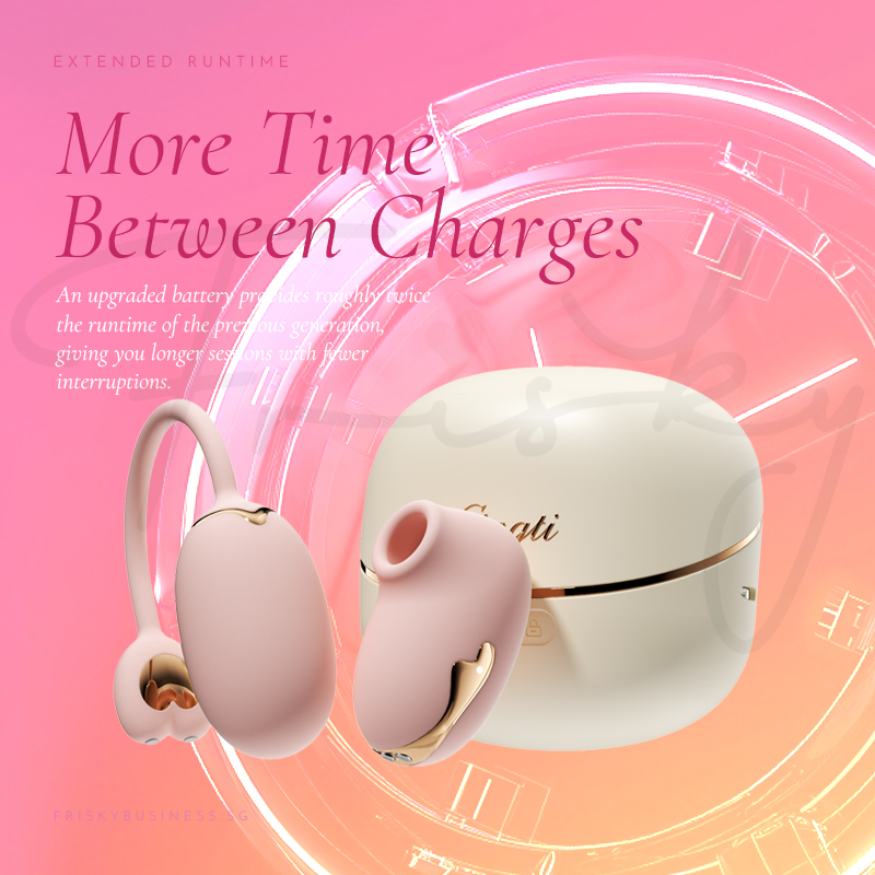 Massager and case shown with battery life feature on pink backdrop