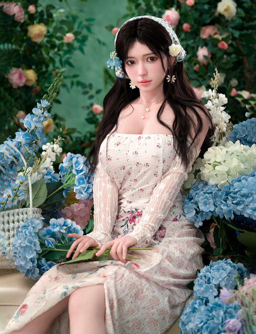 TOP-CYDOLL 167cm D-Cup Una Realistic Sex Doll in a floral dress surrounded by flowers in a garden setting