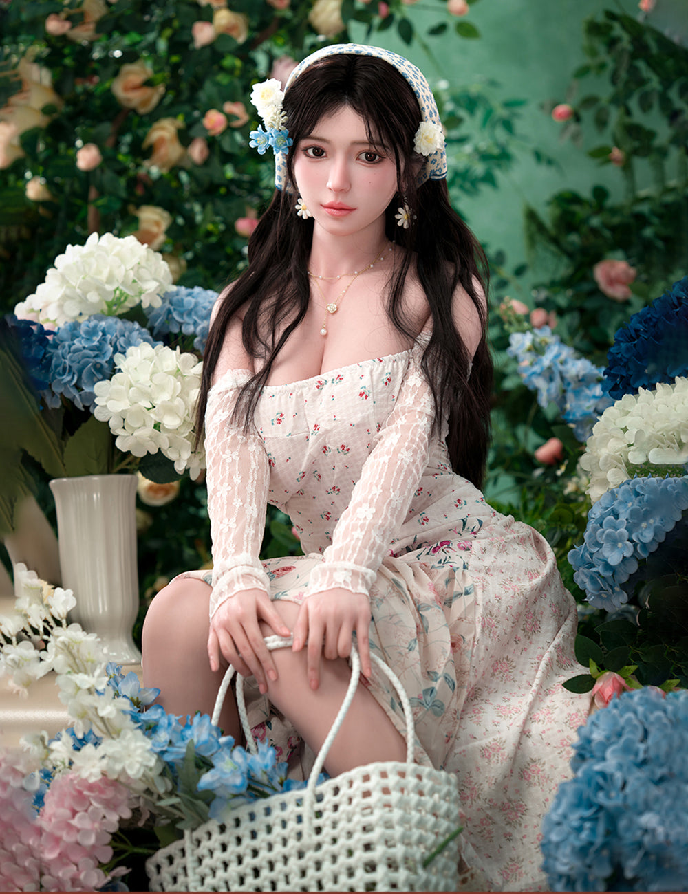 TOP-CYDOLL 167cm D-Cup Una Realistic Sex Doll in a floral dress sitting among flowers with a floral headband.