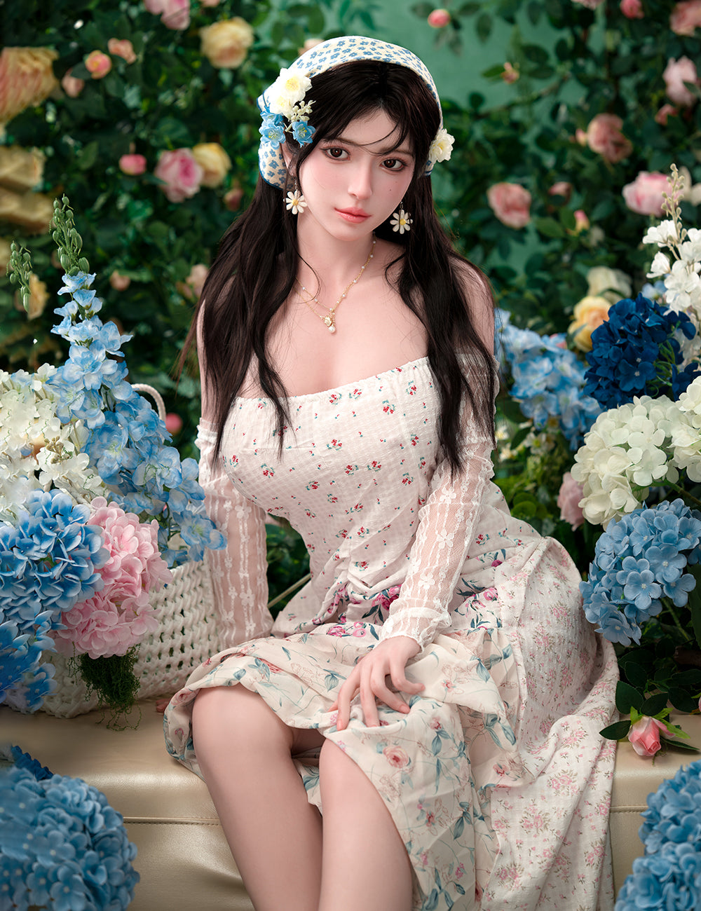 TOP-CYDOLL 167cm D-Cup Una Realistic Sex Doll in a floral dress sitting among flowers with a floral background