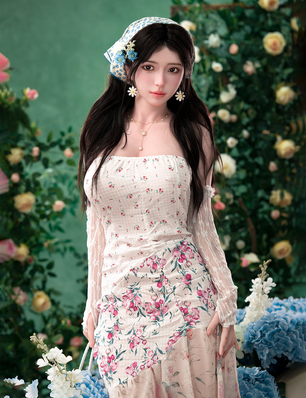 TOP-CYDOLL 167cm D-Cup Una Realistic Sex Doll in a floral dress standing in front of a floral background