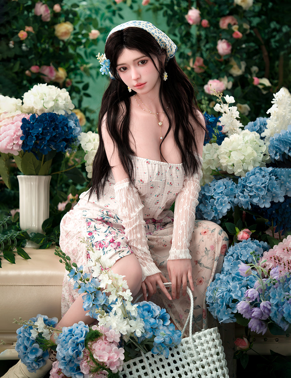 TOP-CYDOLL 167cm D-Cup Una Realistic Sex Doll in a floral dress sitting among flowers with a Floral background