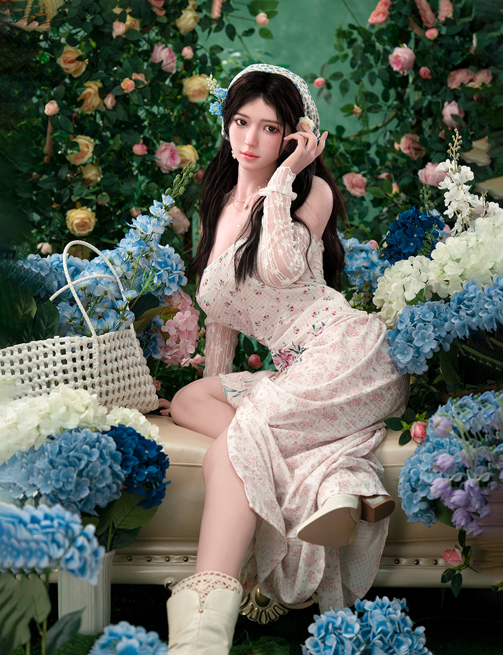 TOP-CYDOLL 167cm D-Cup Una Realistic Sex Doll in a floral dress sitting on a bench surrounded by flowers