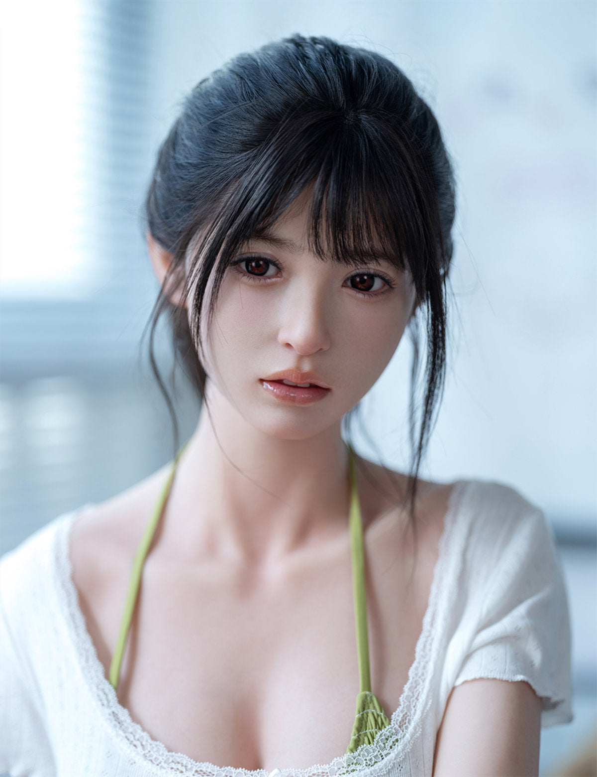 Close-up portrait of the TOP-CYDOLL 168cm F-Cup Koharu Realistic Sex Doll with dark hair tied back, wearing an off-the-shoulder white top over a green halter bikini.