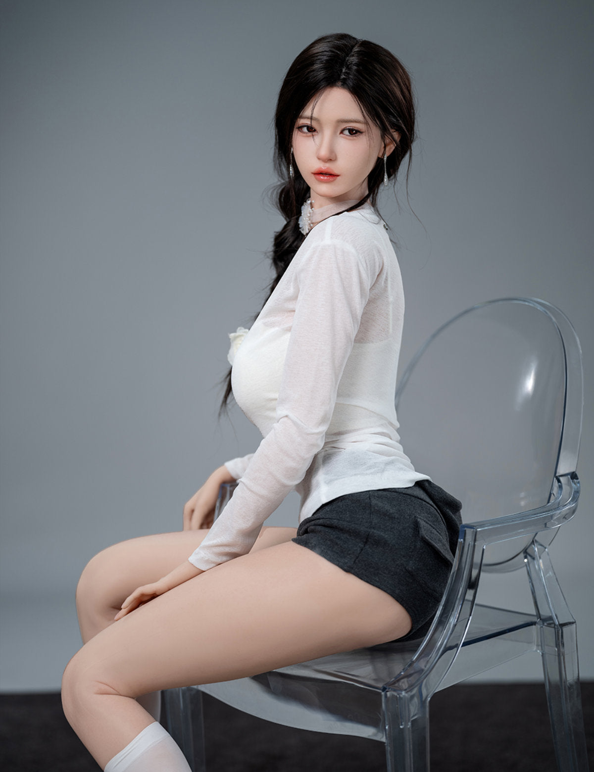 TOP-CYDOLL 168cm F-Cup Liang Realistic Sex Doll upper body close-up front view in white long sleeve top showcasing realistic F-cup silicone chest detail
