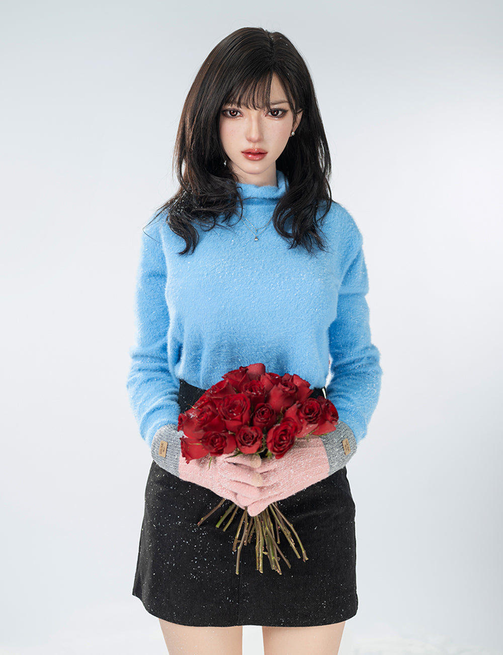 Mid-Shot of TOP-CYDOLL 168cm F-Cup Bingbing Realistic Sex Doll standing while holding a bouquet of roses.