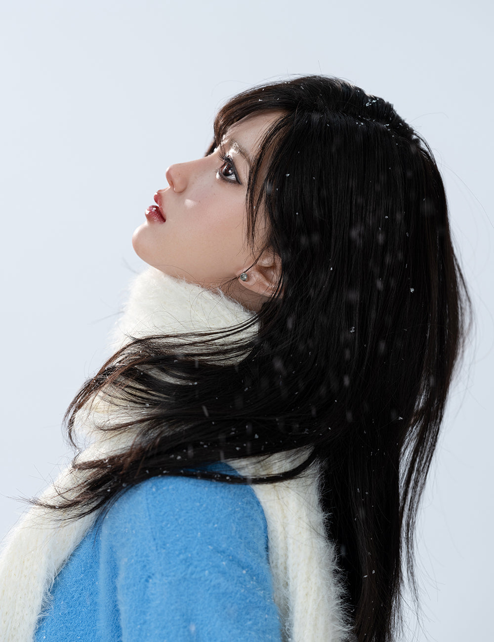 TOP-CYDOLL 168cm F-Cup Bingbing Realistic Sex Doll  with long dark hair and a white scarf against a light blue background