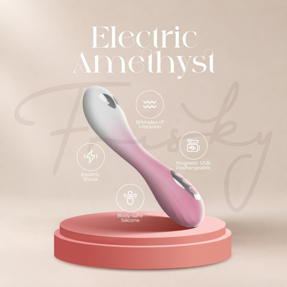 The Amethyst Pleasure Set wand vibrator on cream fabric with a labeled diagram showing features.