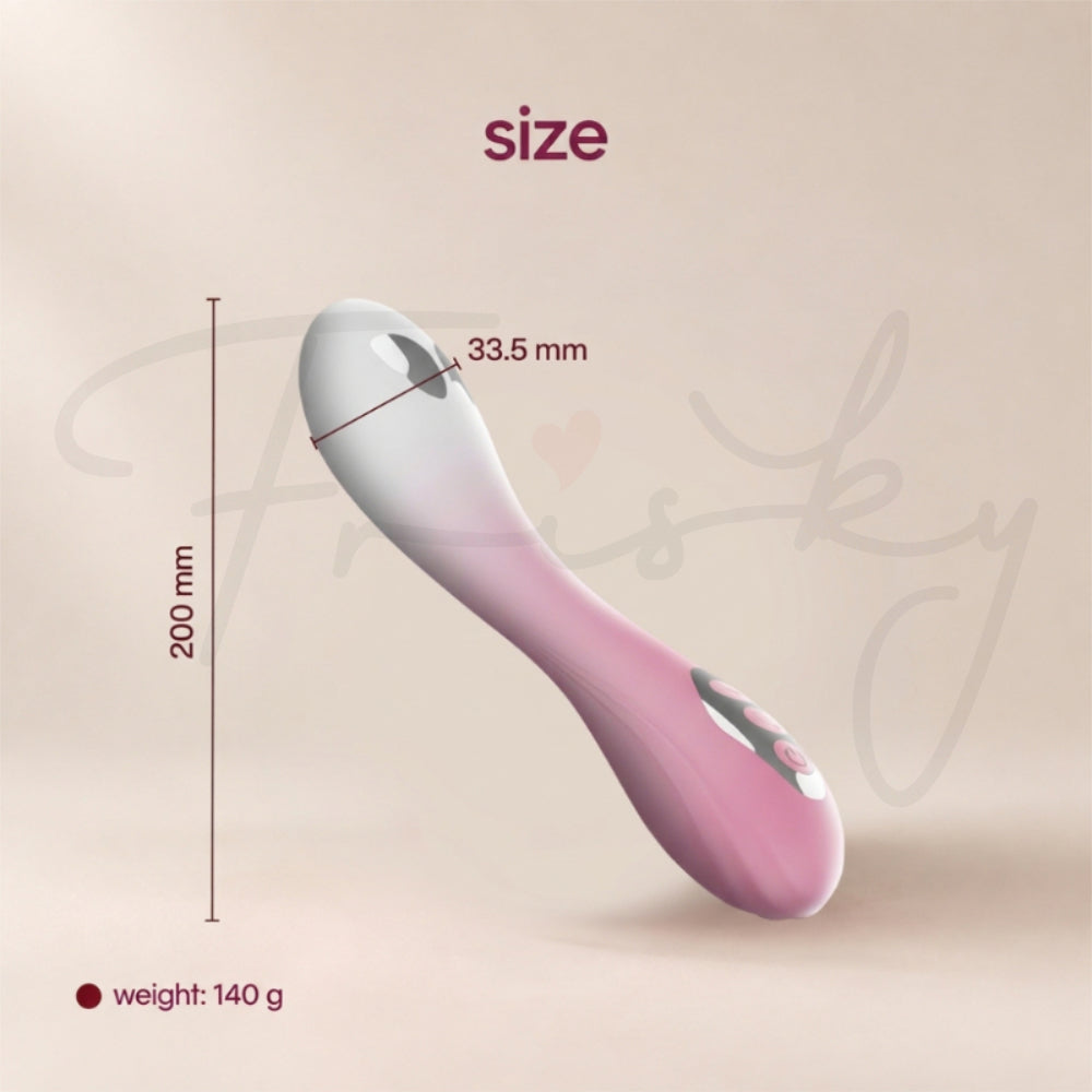 The Amethyst Pleasure Set wand vibrator on cream fabric with a labeled diagram showing its length and width