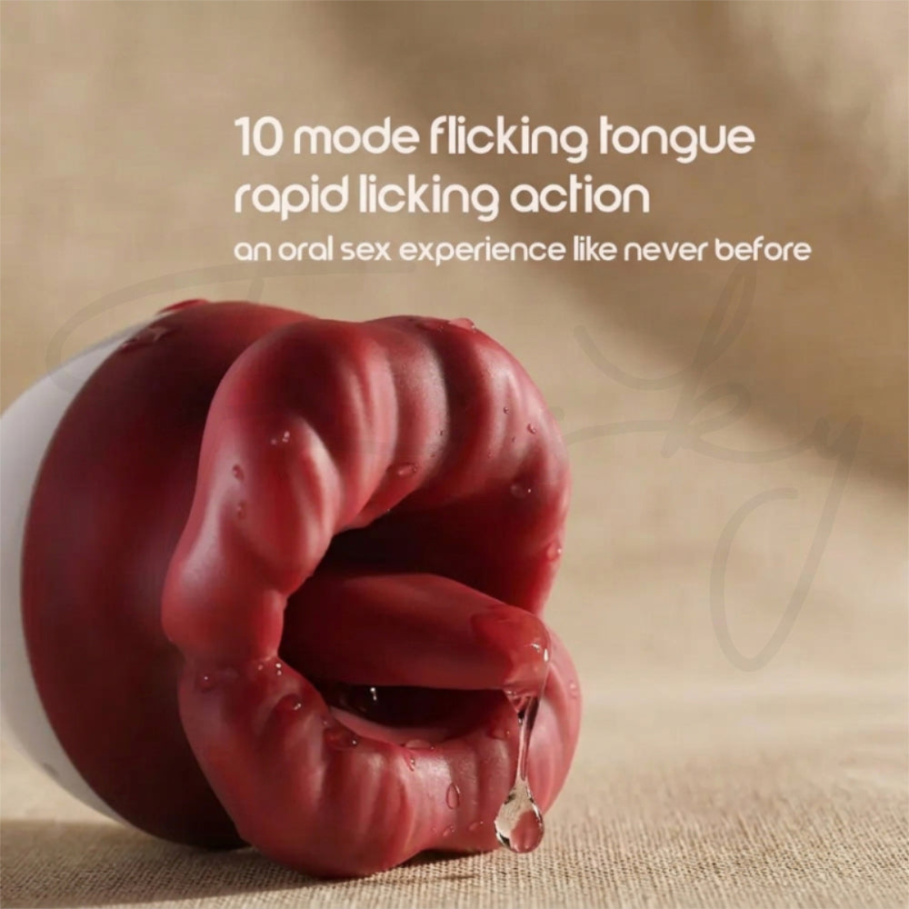 The Amethyst Pleasure Set licker illustrated with its warming function and pulsing licking motion, alongside a labeled size diagram