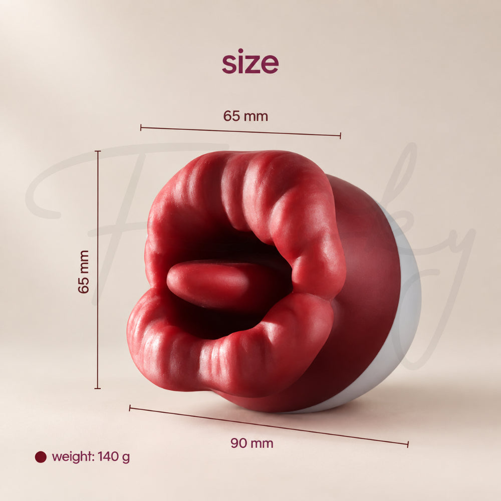 Close-up of the Amethyst Pleasure Set licker's deep red silicone lips, highlighting the ribbed, tongue-like texture inside