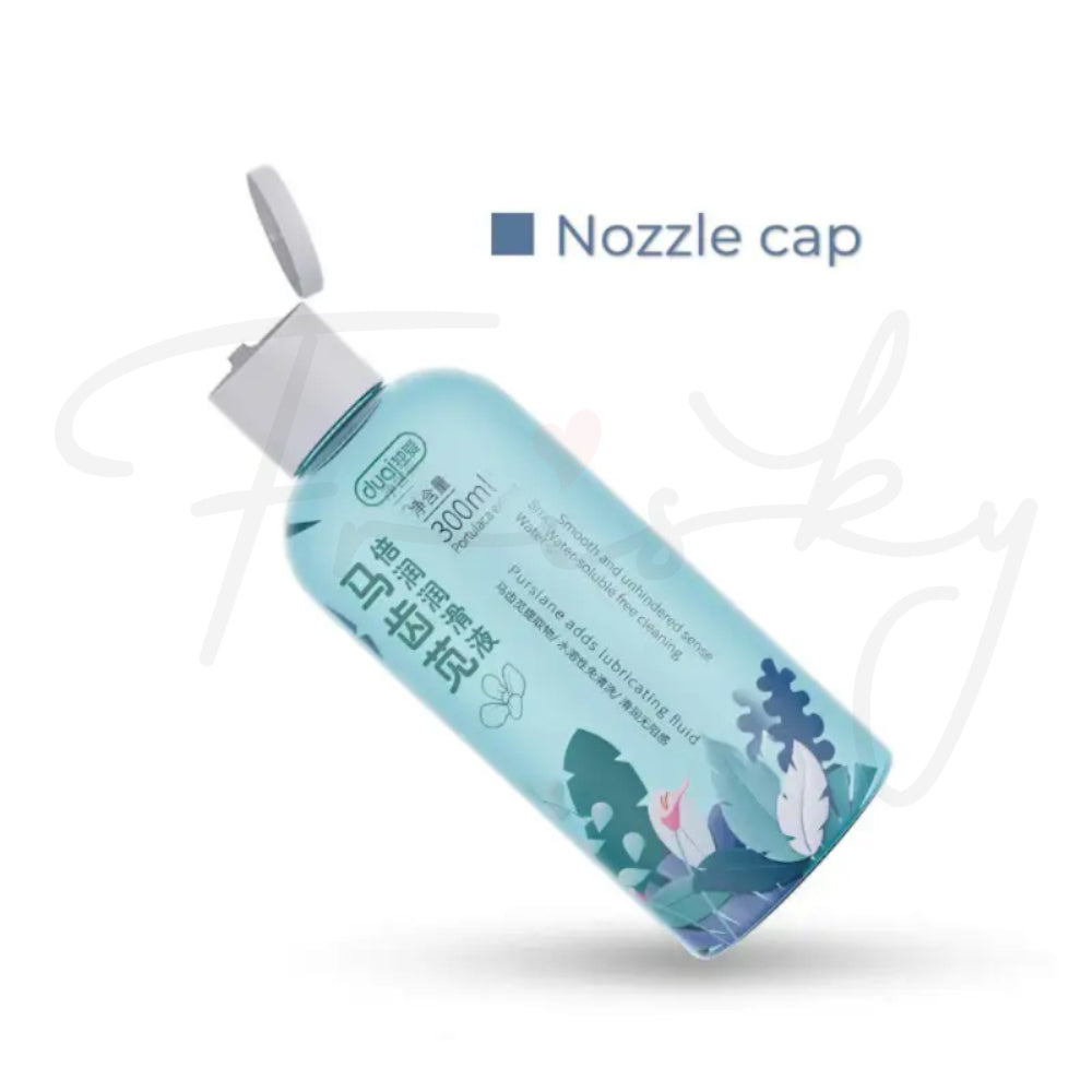 The Amethyst Pleasure Set lubricant bottle standing upright, with a callout showing its reusable flip-top cap