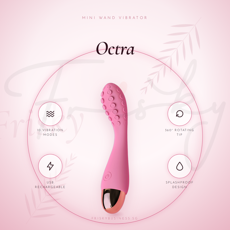 Pink ridged vibrator displayed within a circular frame with feature icons on a pink background