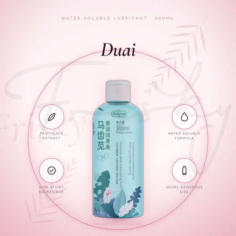 Teal lubricant bottle displayed within a circular frame with feature icons on a pink background