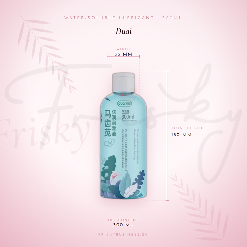 Duai lubricant bottle shown against a pink background with size markings