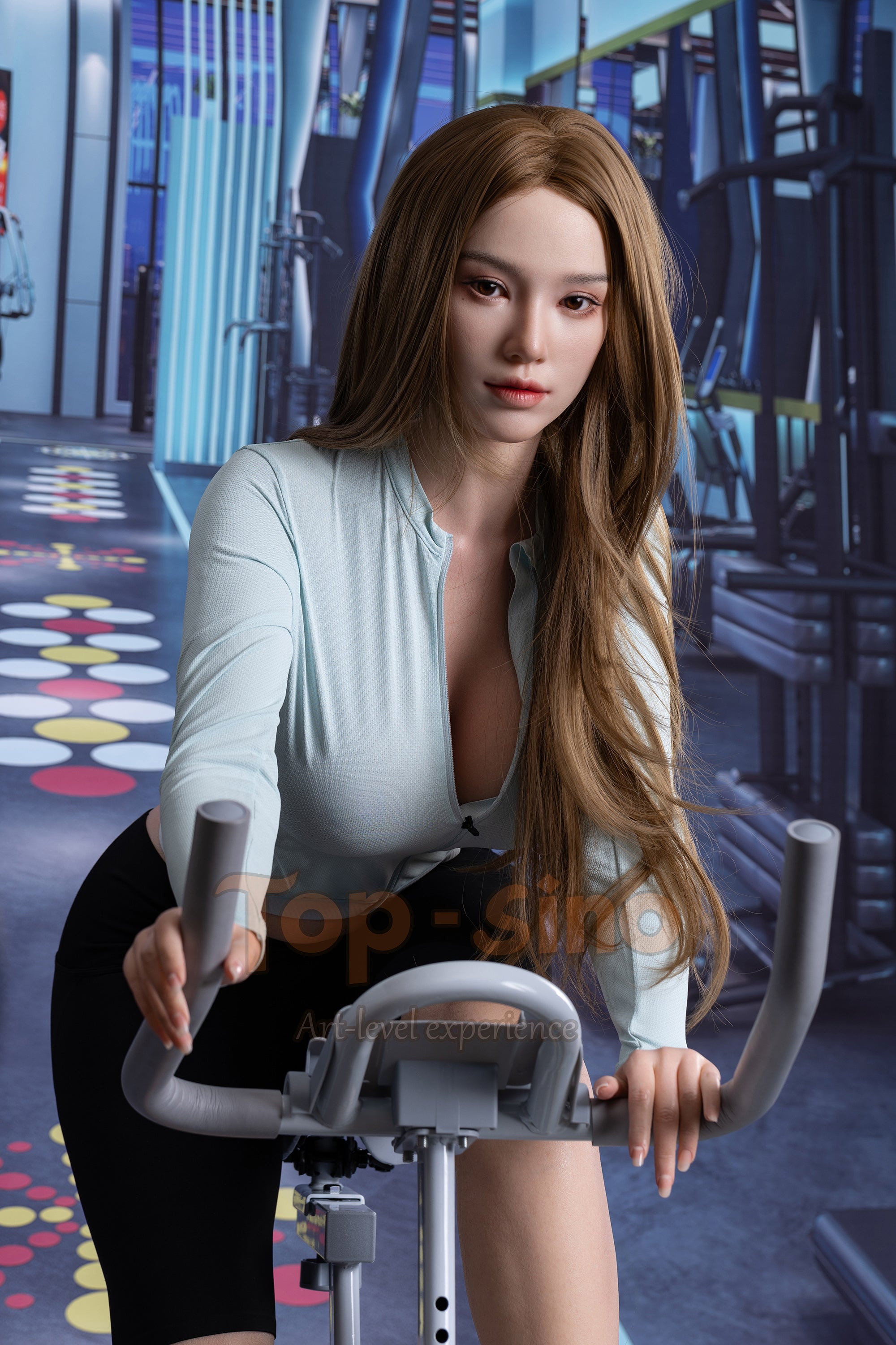 Top Sino 162 cm Platinum Silicone - Mishi (RRS+) on a stationary bike in a gym setting