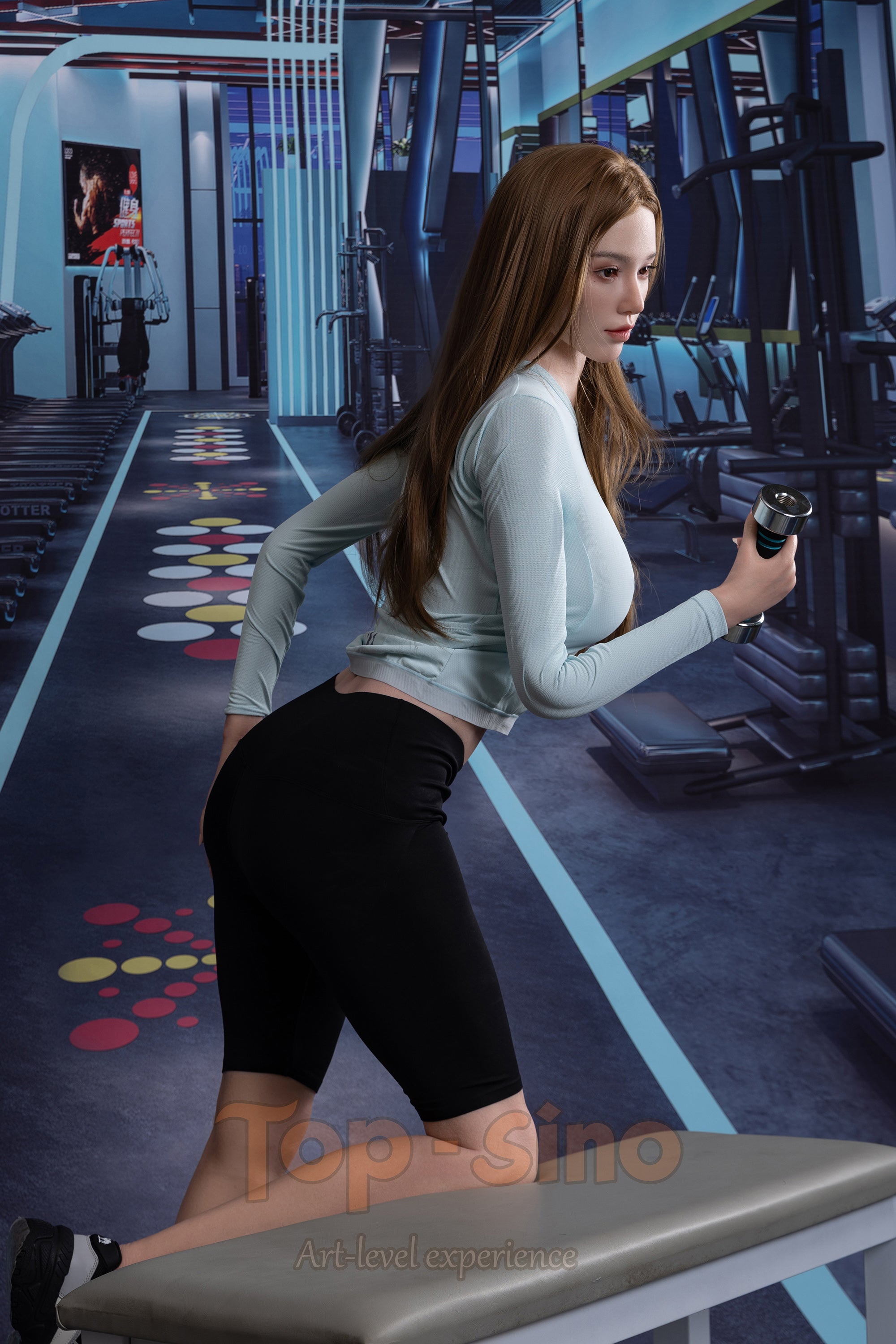 Top Sino 162 cm Platinum Silicone - Mishi (RRS+) exercising with a dumbbell in a gym setting.