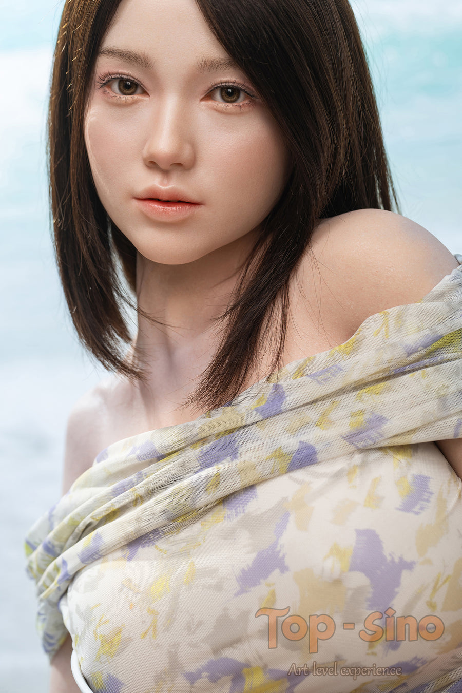 Top Sino 162 cm Platinum Silicone Recreated Series - Mimeng V2 (RRS+) with a patterned off shoulder dress against a light blue sky.