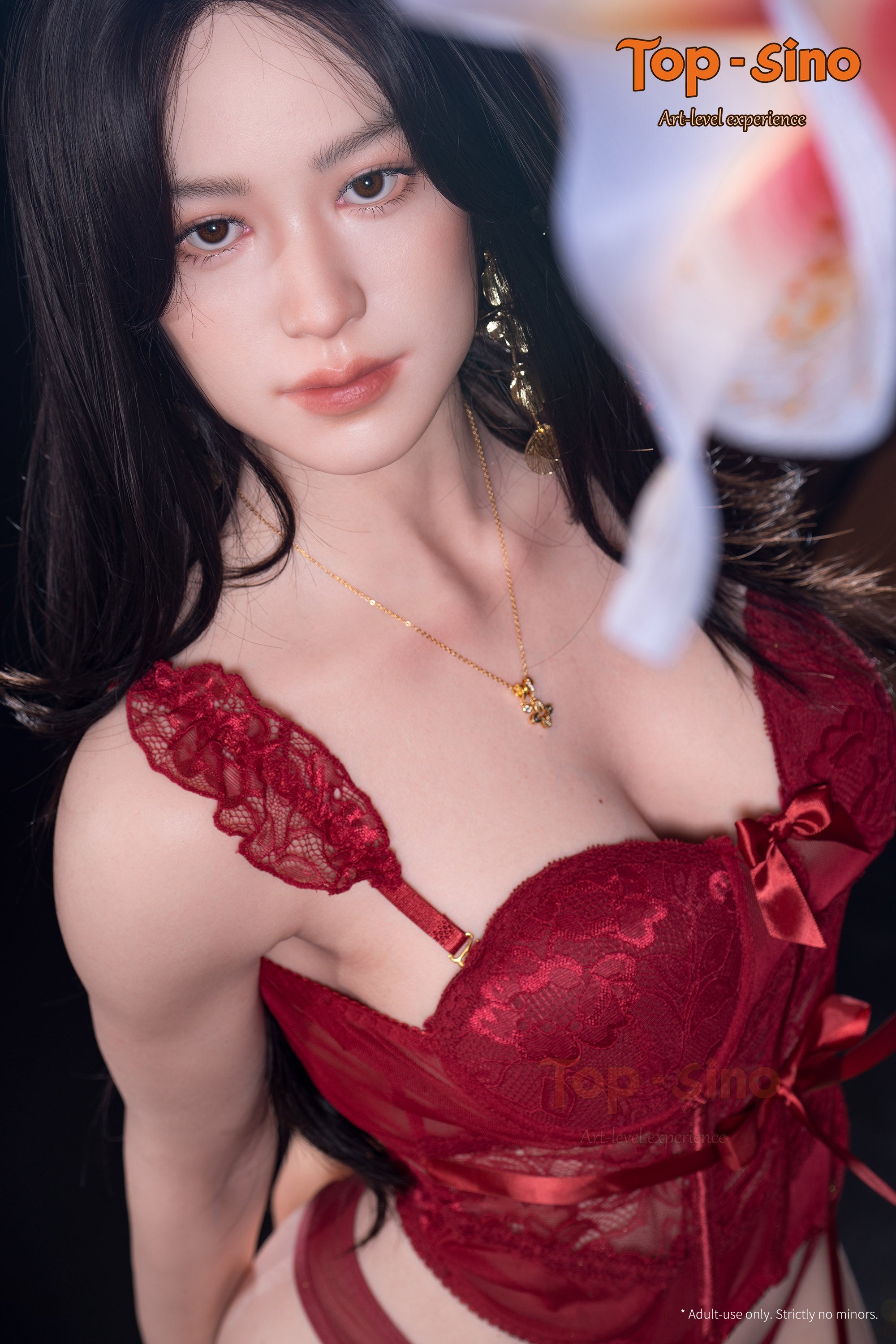 Top Sino 165 cm Platinum Silicone - Miyun (Seamless RRS+) wearing a red sexy lace lingerie showing her slender figure.
