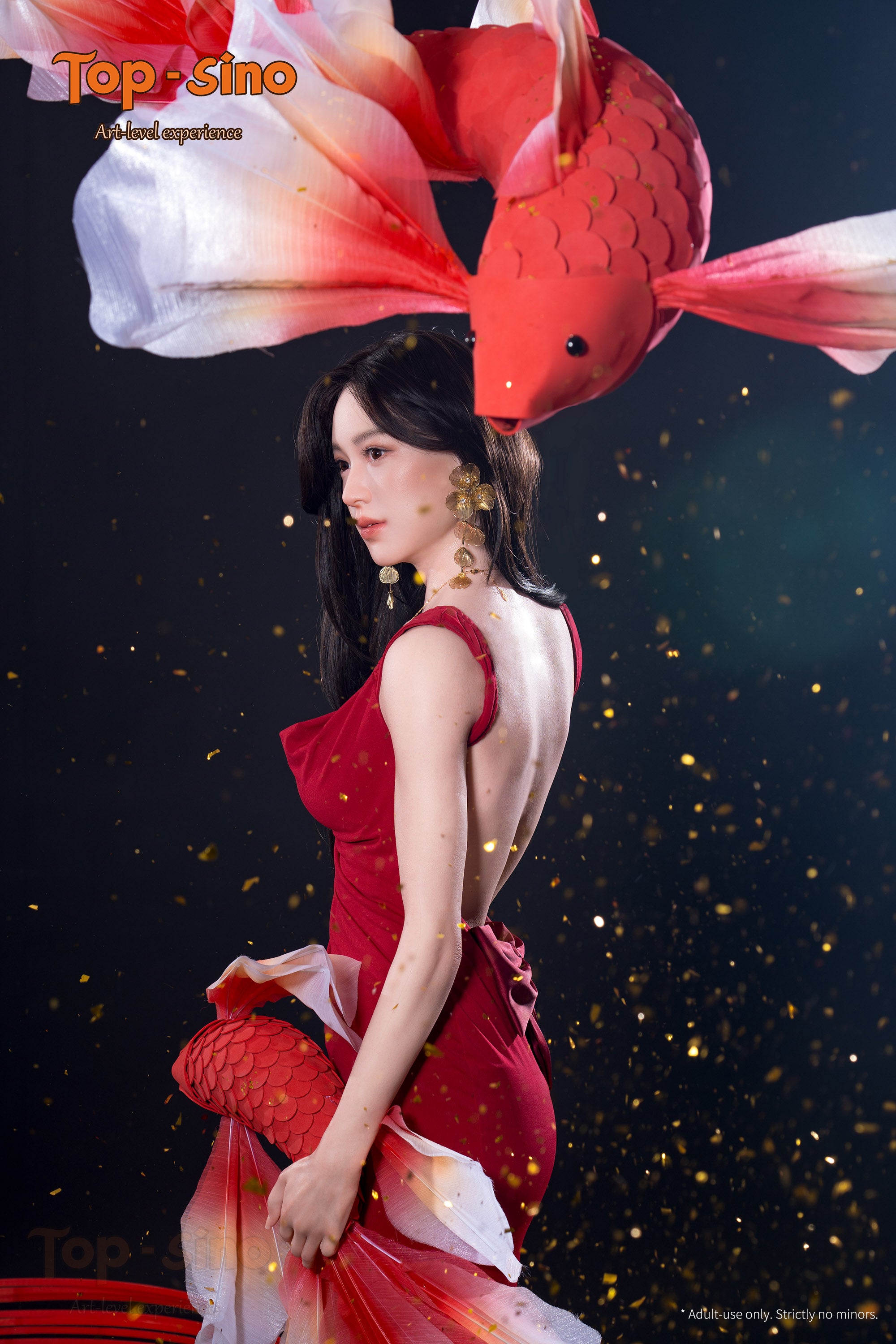Top Sino 165 cm Platinum Silicone - Miyun (Seamless RRS+) wearing a red dress with a fish-shaped headpiece showing her back.
