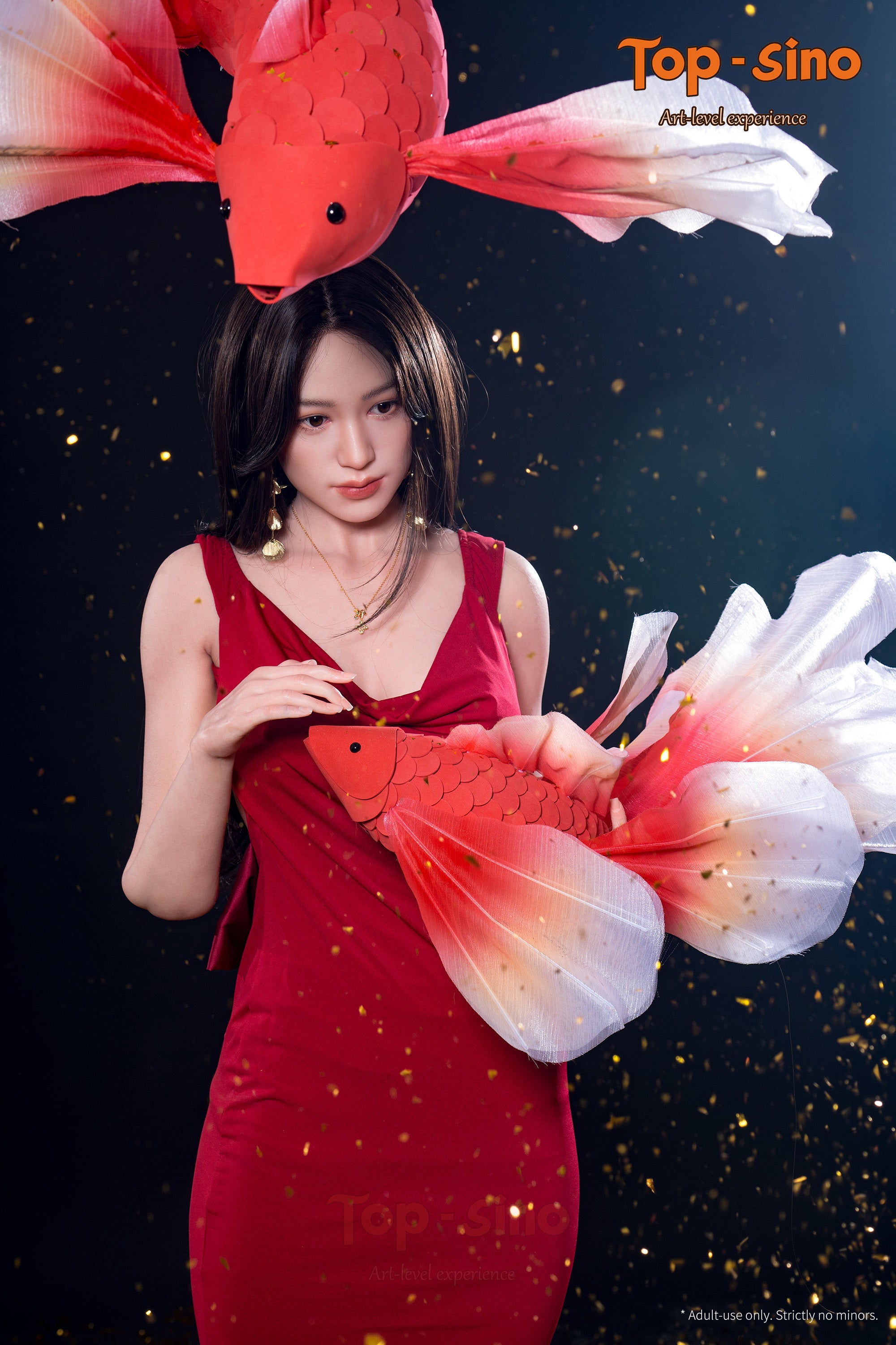 Top Sino 165 cm Platinum Silicone - Miyun (Seamless RRS+) in a red dress holding a large decorative red fish with 'Top-sino' branding.