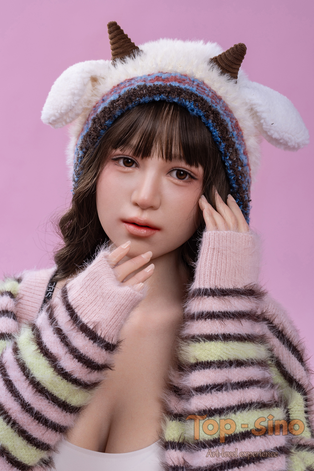Top Sino 167 cm Platinum Silicone Recreated Series - Miju (RRS+) wearing a colorful striped sweater and a fluffy hat with animal ears.