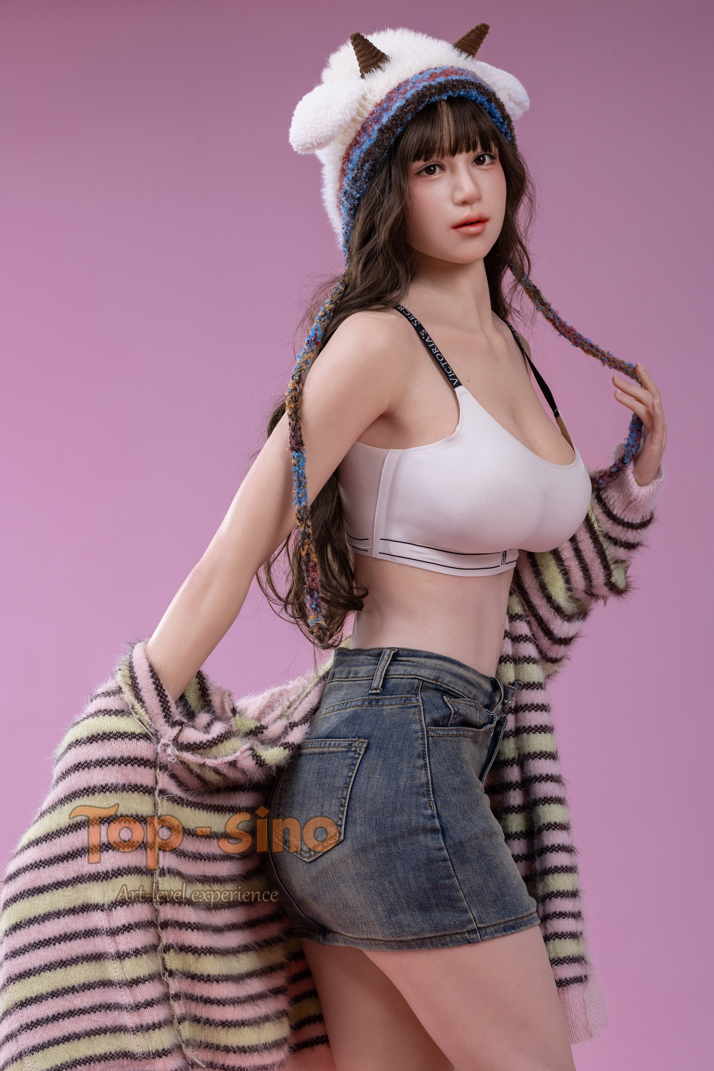 Top Sino 167 cm Platinum Silicone Recreated Series - Miju (RRS+) wearing a striped robe and headpiece with animal ears.