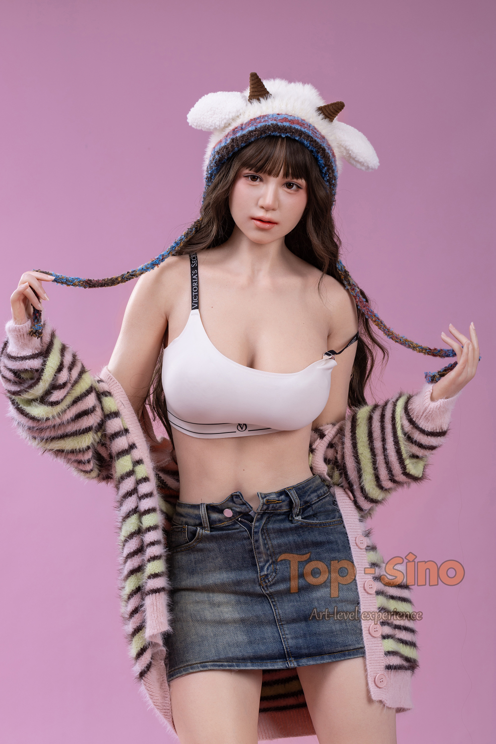 Top Sino 167 cm Platinum Silicone Recreated Series - Miju (RRS+) wearing a white bra and denim skirt with a colorful striped sweater and hat.