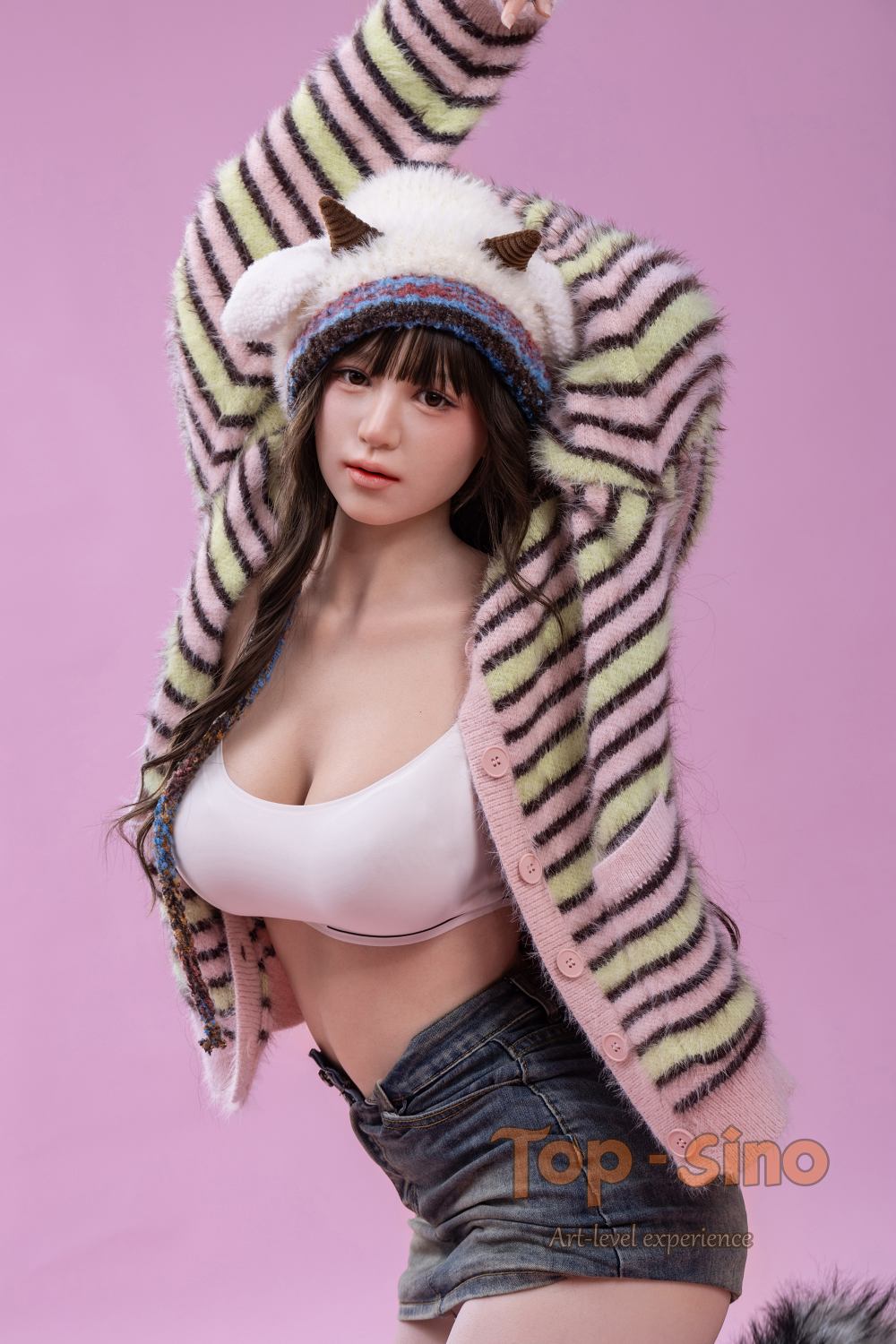 Top Sino 167 cm Platinum Silicone Recreated Series - Miju (RRS+) wearing a colorful striped sweater and cat ears hat.