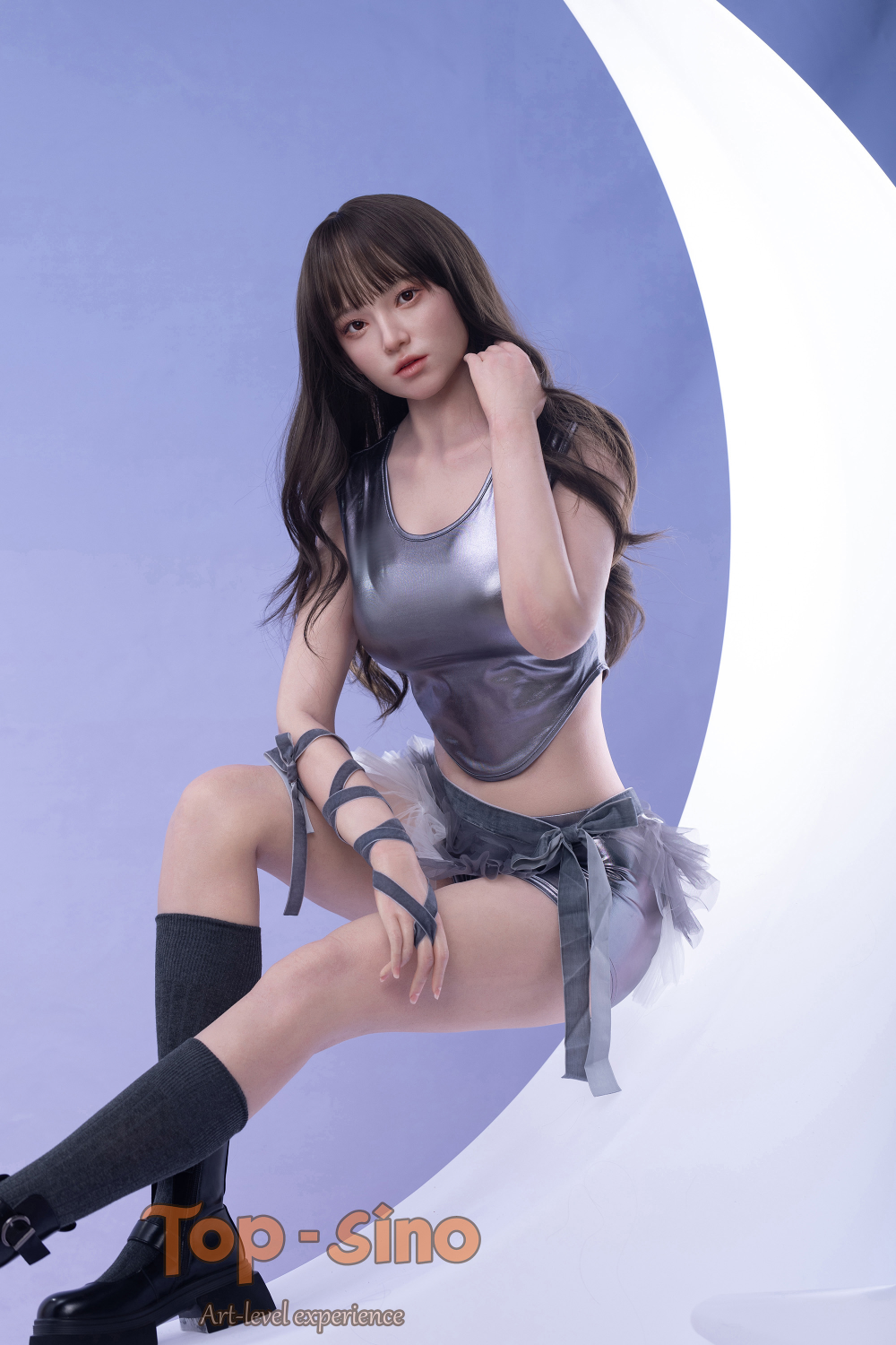 Top Sino 167 cm Platinum Silicone - Mimu (RRS+) - V3 wearing a silver tank top and sexy shorts with black knee-high socks.