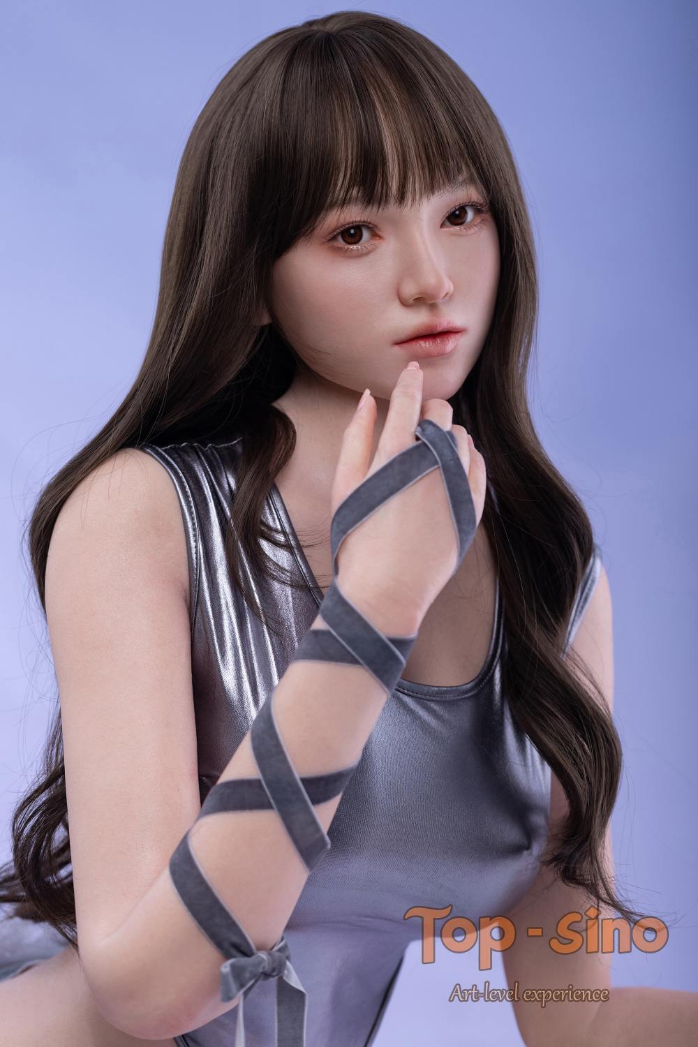 Top Sino 167 cm Platinum Silicone - Mimu (RRS+) - V3 wearing a shiny silver sleeveless tank top with thin straps.