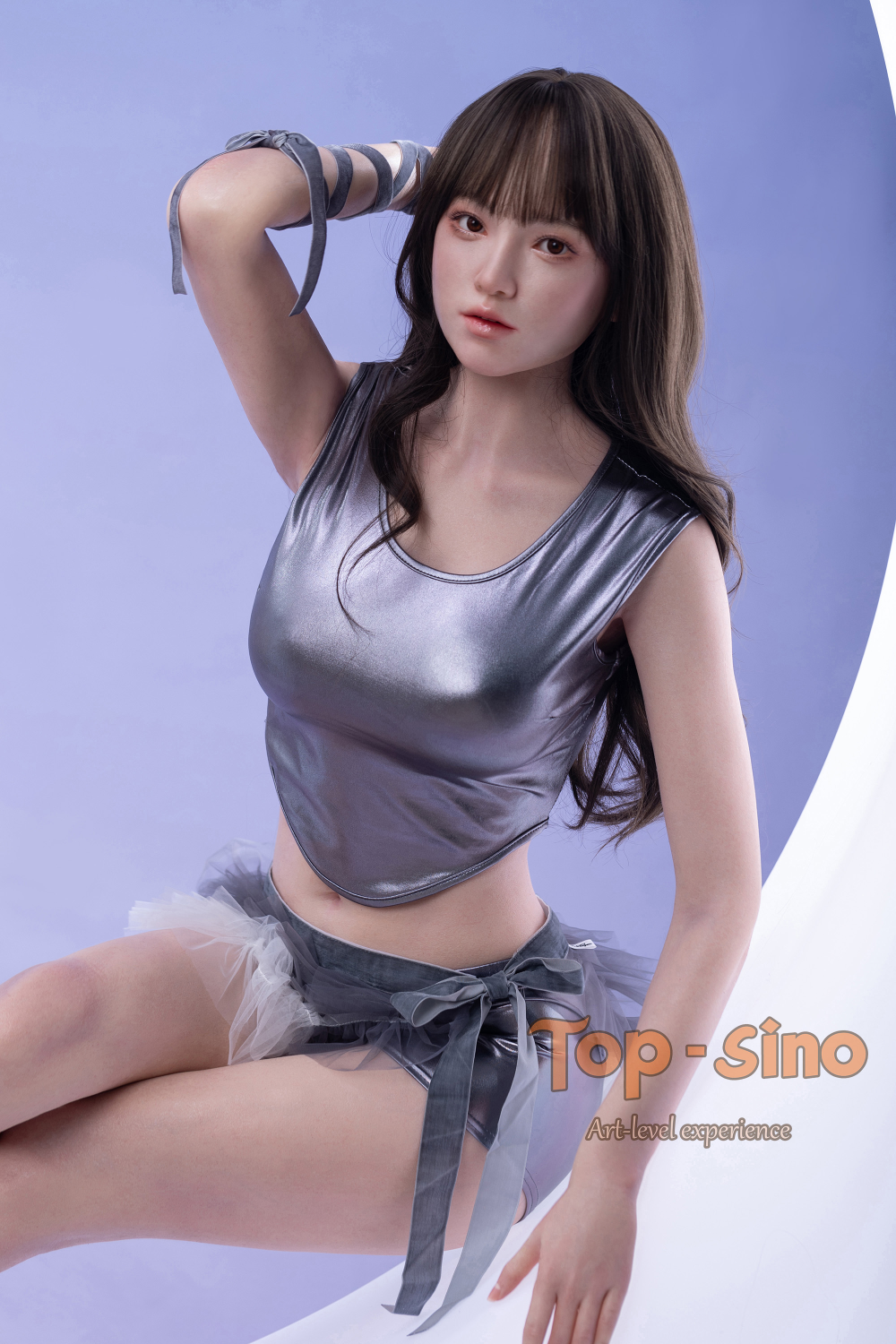 Top Sino 167 cm Platinum Silicone - Mimu (RRS+) - V3 wearing a shiny silver tank top and gray sexy shorts.