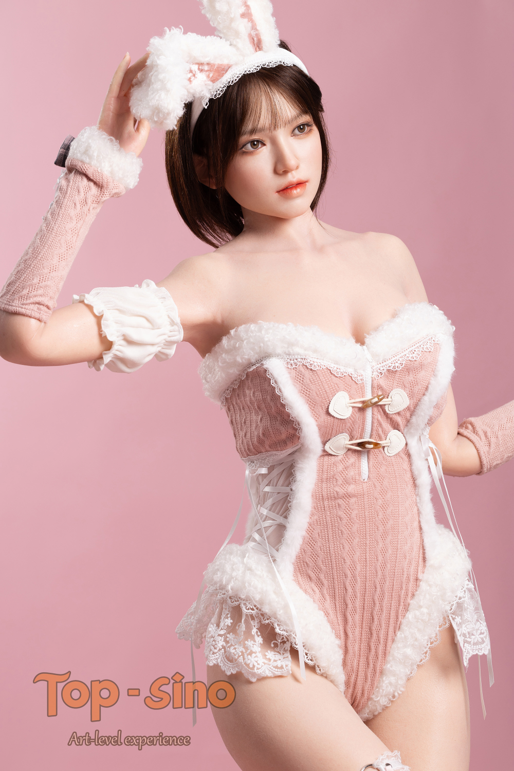 Top Sino 167 cm Platinum Silicone - Mimu (RRS+) - V4 wearing a pink sexy bunny costume with white accents.