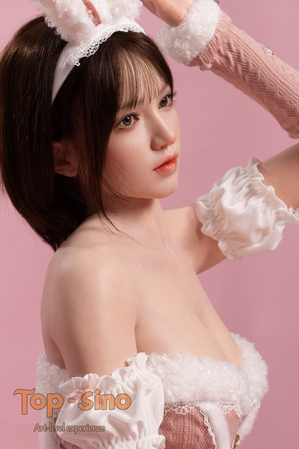 Top Sino 167 cm Platinum Silicone - Mimu (RRS+) - V4 wearing bunny ears and a white lace outfit.