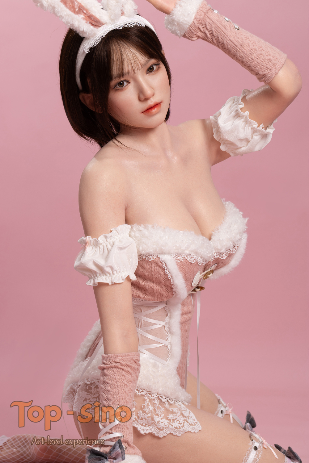 Top Sino 167 cm Platinum Silicone - Mimu (RRS+) - V4 wearing a white lace outfit with bunny ears.